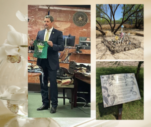 Prosecuting Attorney, Alaniz during closing statements holding Baby Dominic’s shirt the day of the crime, “Lucky I Am” along with the Memorials of Grizelda and Baby Dominic’s at Father McNaboe Park in Laredo Texas.